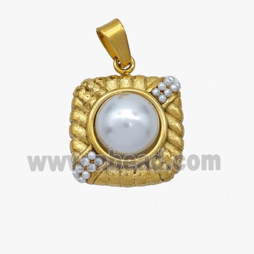 Stainless Steel Square Pendant Pave Pearlized Resin Gold Plated