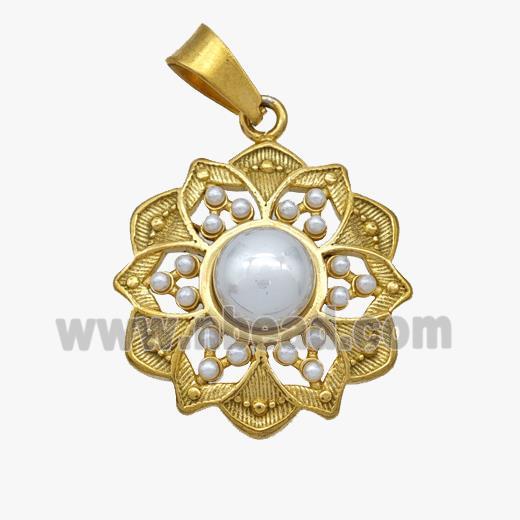 Stainless Steel Flower Pendant Pave Pearlized Resin Gold Plated