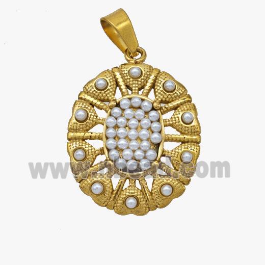 Stainless Steel Flower Pendant Pave Pearlized Resin Gold Plated