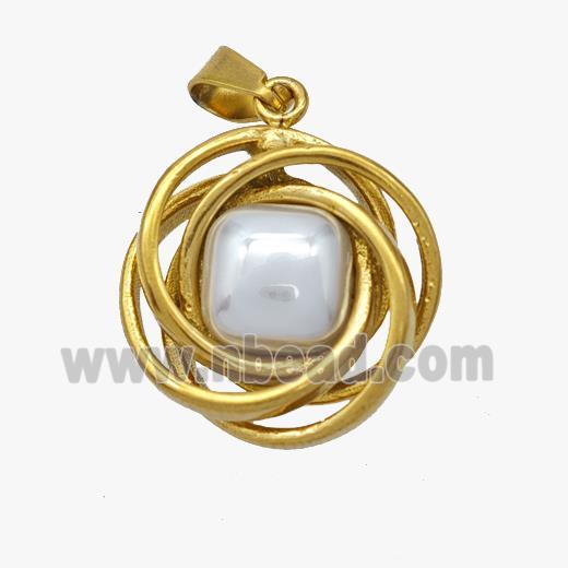 Stainless Steel Flower Pendant Pave Pearlized Resin Gold Plated