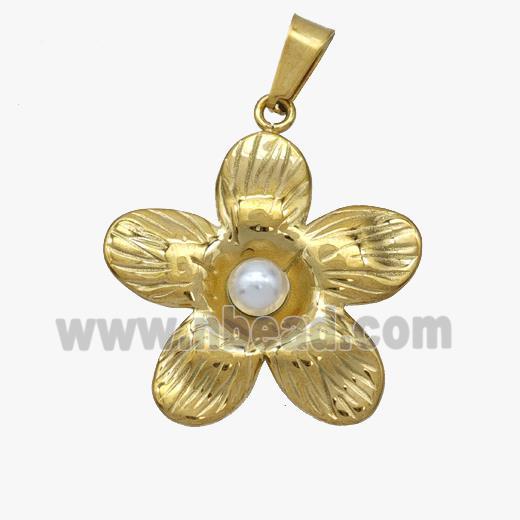 Stainless Steel Flower Pendant Pave Pearlized Resin Gold Plated