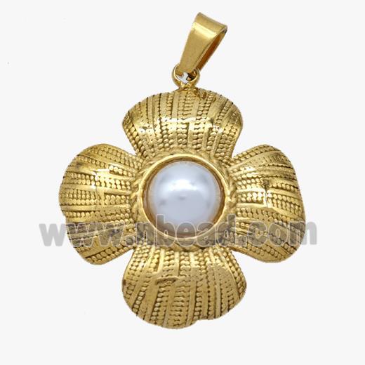 Stainless Steel Flower Pendant Pave Pearlized Resin Gold Plated