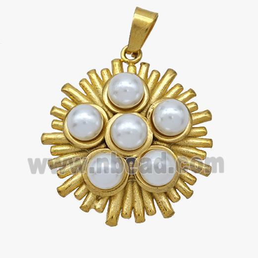 Stainless Steel Flower Pendant Pave Pearlized Resin Gold Plated