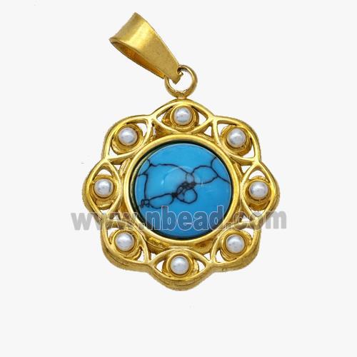 Stainless Steel Flower Pendant Pave Blue Howlite Pearlized Resin Gold Plated