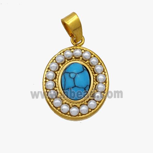 Stainless Steel Oval Pendant Pave Blue Howlite Pearlized Resin Gold Plated