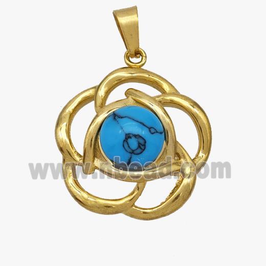 Stainless Steel Flower Pendant Pave Blue Howlite Gold Plated
