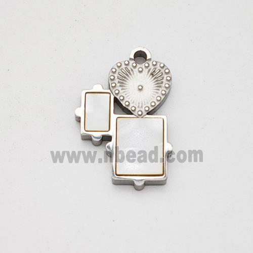 Raw Stainless Steel Heart Rectangle Pendant Pave Shell