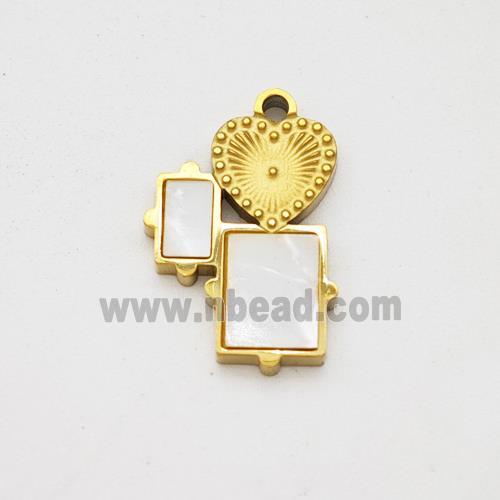 Stainless Steel Heart Rectangle Pendant Pave Shell Gold Plated