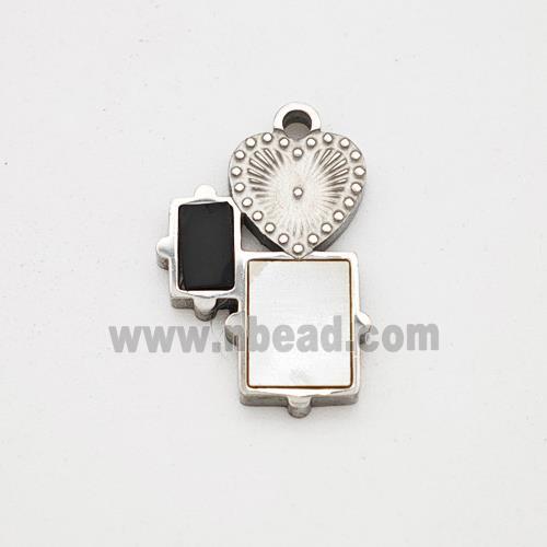 Raw Stainless Steel Heart Rectangle Pendant Pave Shell Acrylic