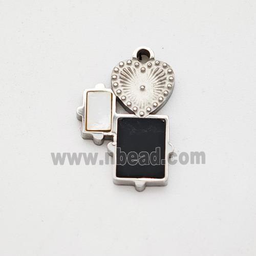 Raw Stainless Steel Heart Rectangle Pendant Pave Shell Acrylic