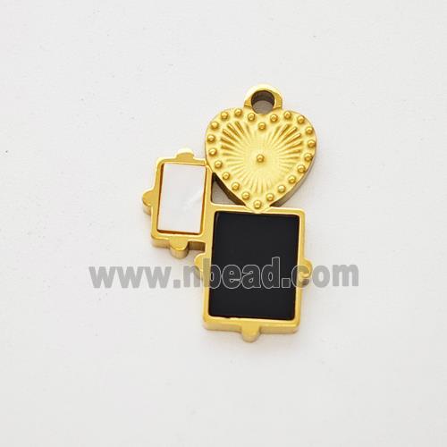 Stainless Steel Heart Rectangle Pendant Pave Shell Acrylic Gold Plated