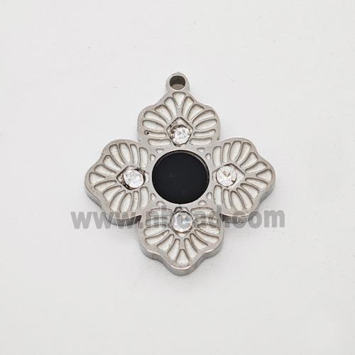 Raw Stainless Clover Leaf Pendant Pave Rhinestone Black Acrylic