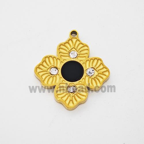 Stainless Steel Clover Pendant Pave Rhinestone Black Acrylic Gold Plated