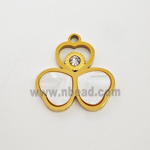 Stainless Steel Clover Pendant Pave Shell Rhinestone Gold Plated