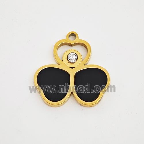 Stainless Steel Clover Pendant Pave Black Acrylic Rhinestone Gold Plated