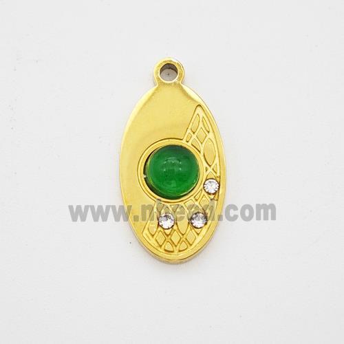 Stainless Steel Leaf Pendant Pave Green Jade Rhinestone Gold Plated