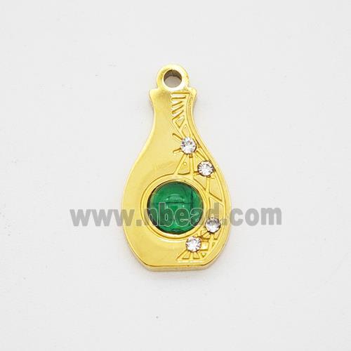 Stainless Steel Vase Pendant Pave Green Jade Rhinestone Bottle Gold Plated