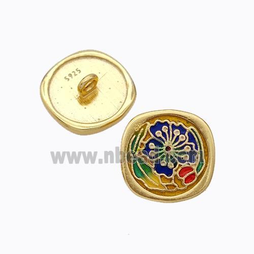 925 Sterling Silver Button Beads Flower Enamel Gold Plated