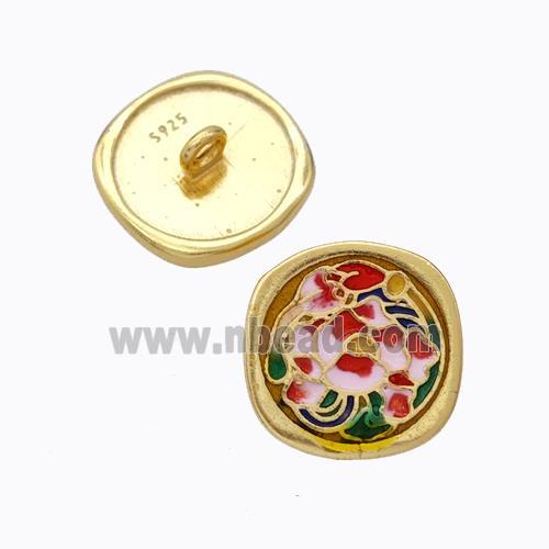 925 Sterling Silver Button Beads Flower Enamel Gold Plated