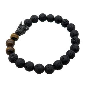 black Lava stone Bracelet with leopard, stretchy, approx 8mm dia