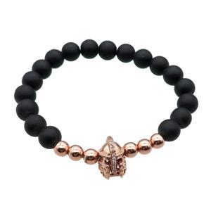 black matte Onyx Agate Bracelet with helmet, stretchy, approx 8mm dia