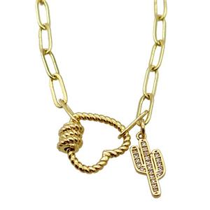 copper necklace with carabiner lock, cactus, gold plated, approx 4x11mm, 44cm length
