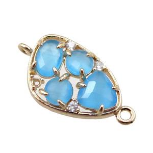 copper teardrop connector paved zircon with blue crystal glass, hollow, gold plated, approx 12-18mm
