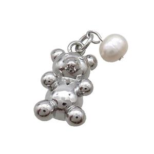 Copper Bear Pendant With Pearl Platinum Plated, approx 10-17mm, 6mm