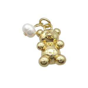 Copper Bear Pendant With Pearl Gold Plated, approx 10-17mm, 6mm