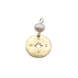 Copper Compass Pendant With Pearl Gold Plated, approx 15mm, 6mm