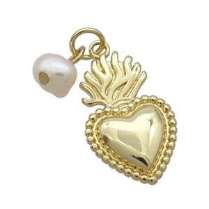 Copper Heart Pendant With Pearl Aflame Gold Plated, approx 13-20mm, 6mm