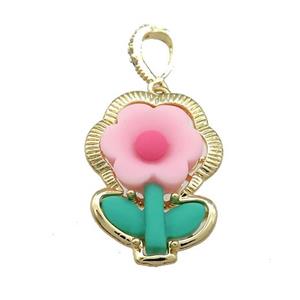 Pink Resin Flower Pendant Gold Plated, approx 20-28mm