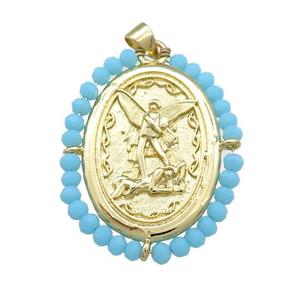 Fairy Charms Copper Oval Pendant With Blue Crystal Glass Wire Wrapped Gold Plated, approx 27-35mm