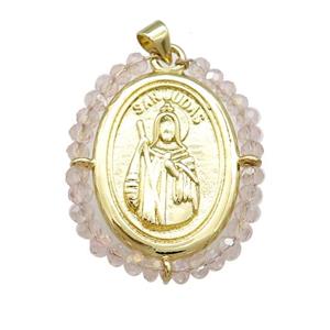 Saint Jude Charms Copper Medal Pendant With Crystal Glass Wire Wrapped Oval Gold Plated, approx 27-35mm