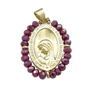 Virgin Mary Charms Copper Medal Pendant With Purple Crystal Glass Wire Wrapped Oval Gold Plated, approx 20-25mm