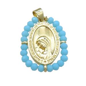 Virgin Mary Charms Copper Medal Pendant With Blue Crystal Glass Wire Wrapped Oval Gold Plated, approx 20-25mm