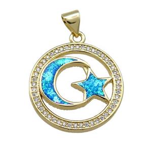 Copper Moon And Star Pendant Pave Blue Fire Opal Zircon Circle 18K Gold Plated, approx 21mm