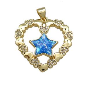 Copper Heart Pendant Pave Blue Fire Opal Zircon Star 18K Gold Plated, approx 24mm