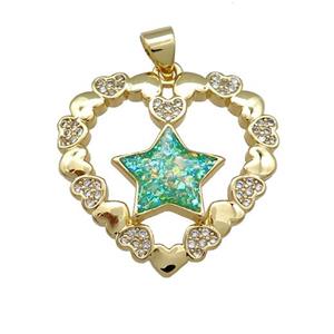 Copper Heart Pendant Pave Green Fire Opal Zircon Star 18K Gold Plated, approx 24mm