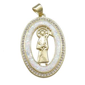 Saint Jude Charms Copper Oval Pendant Pave White Fire Opal Zircon 18K Gold Plated, approx 20-30mm