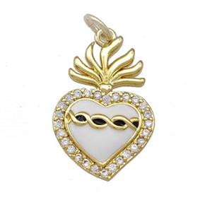 Copper Heart Pendant Micro Pave Zirconia White Enamel Gold Plated, approx 13-20mm