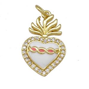 Copper Heart Pendant Micro Pave Zirconia White Enamel Gold Plated, approx 13-20mm