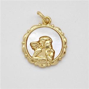 Copper Angel Pendant Pave Shell Gold Plated, approx 15mm