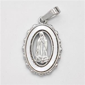 Virgin Mary Charms Copper Pendant Pave Shell Platinum Plated, approx 13.5-17mm