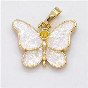 Copper Butterfly Pendant Pave White Fire Opal 18K Gold Plated, approx 15-20mm