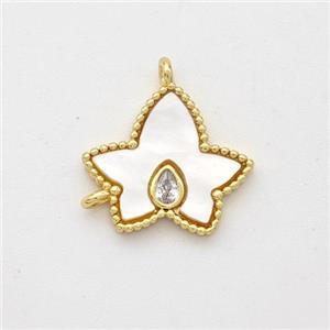 Copper Maple Leaf Pendant Pave Shell Zirconia 2loops 18K Gold Plated, approx 13-14mm