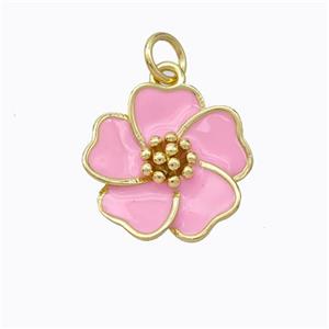 Copper Flower Pendant Pink Enamel Gold Plated, approx 15mm