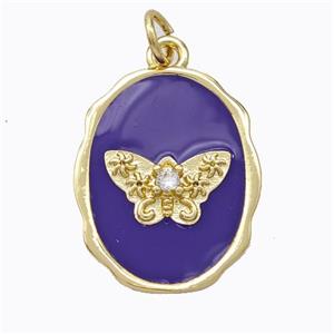 Copper Butterfly Pendant Pave Zirconia Purple Enamel Oval Gold Plated, approx 16-20mm