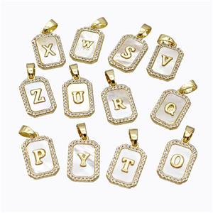 Copper Letter Pendant Micro Pave Shell Zirconia Rectangle Mixed Alphabet Gold Plated, approx 12-16mm