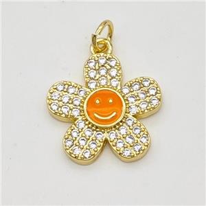 Copper Sunflower Pendant Pave Zirconia Orange Enamel Smileface Gold Plated, approx 17mm